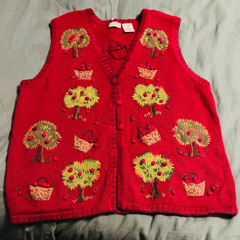 Red Knitted Vest with Tree and Basket with apples Design